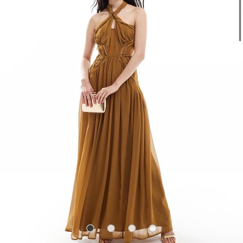 ASOS Design halter ruched maxi dress with lace insert and cut out brown/gold 14